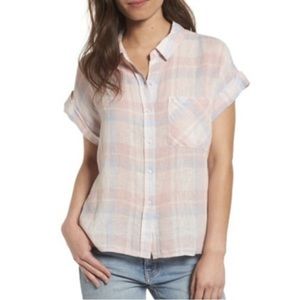 RAILS Whitney Top Verona Plaid Linen Blend Pastel Pink/Blue Summer Sz Medium